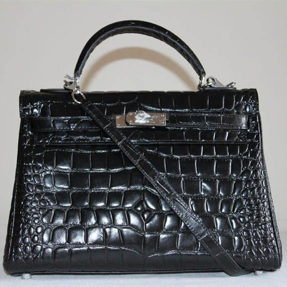 7A Replica Hermes Kelly 32cm Crocodile Veins Leather Bag Black HC0001 - Click Image to Close